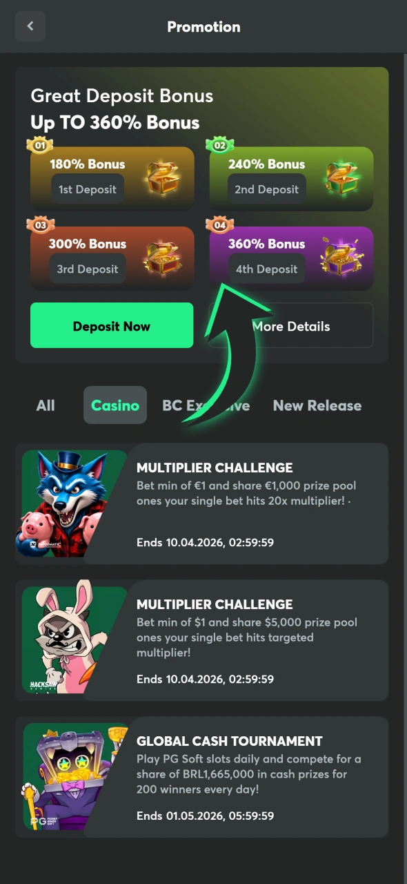 Visit BC Game promo page to see current slots bonuses.