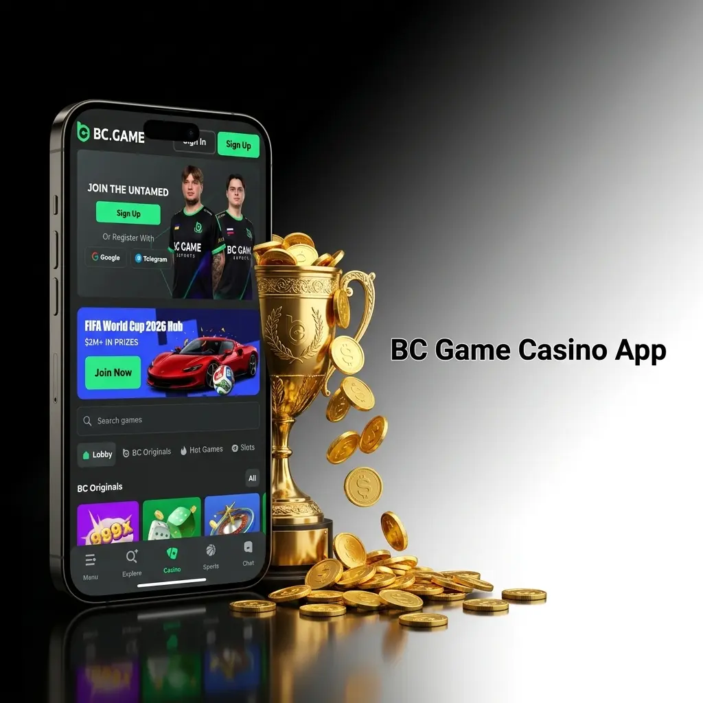 BC Game casino app home screen showing 10,000+ game titles, live dealer tables, and promotions tab on mobile
