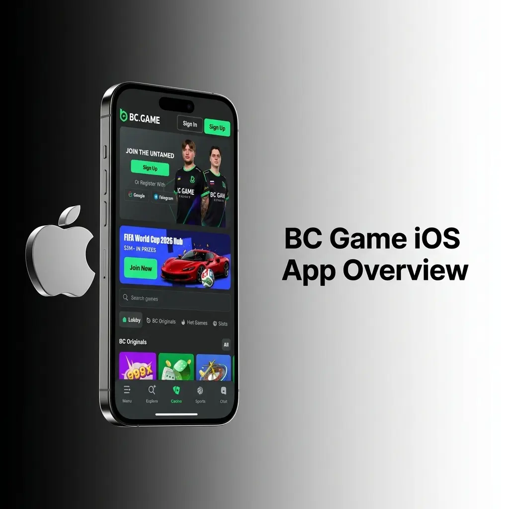 BC Game iOS app interface displayed on iPhone and iPad showing casino games, sports betting, and live dealer features