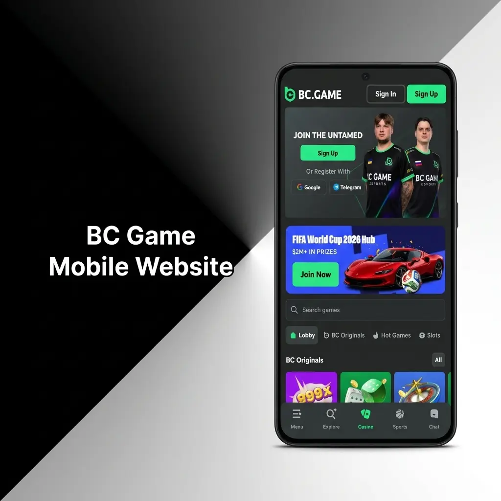 BC Game mobile website interface displayed on smartphone and tablet browsers with full sports betting and casino access