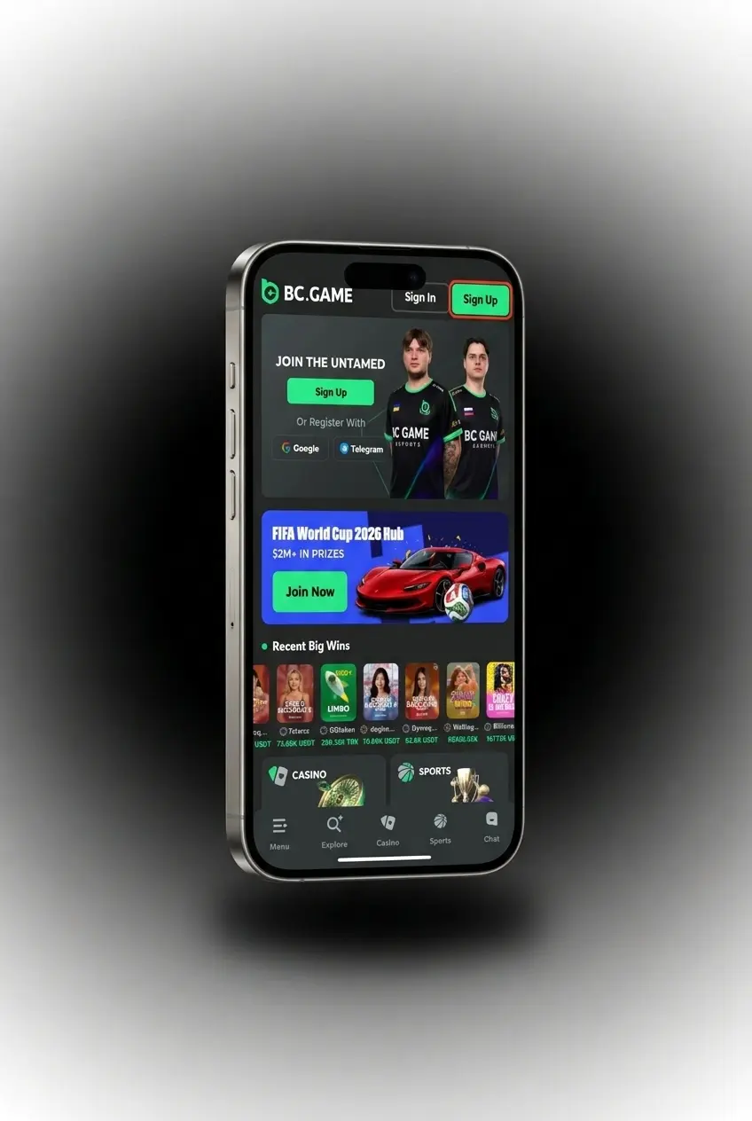 BC Game sign up steps showing registration form with email, mobile, and social login options for new users