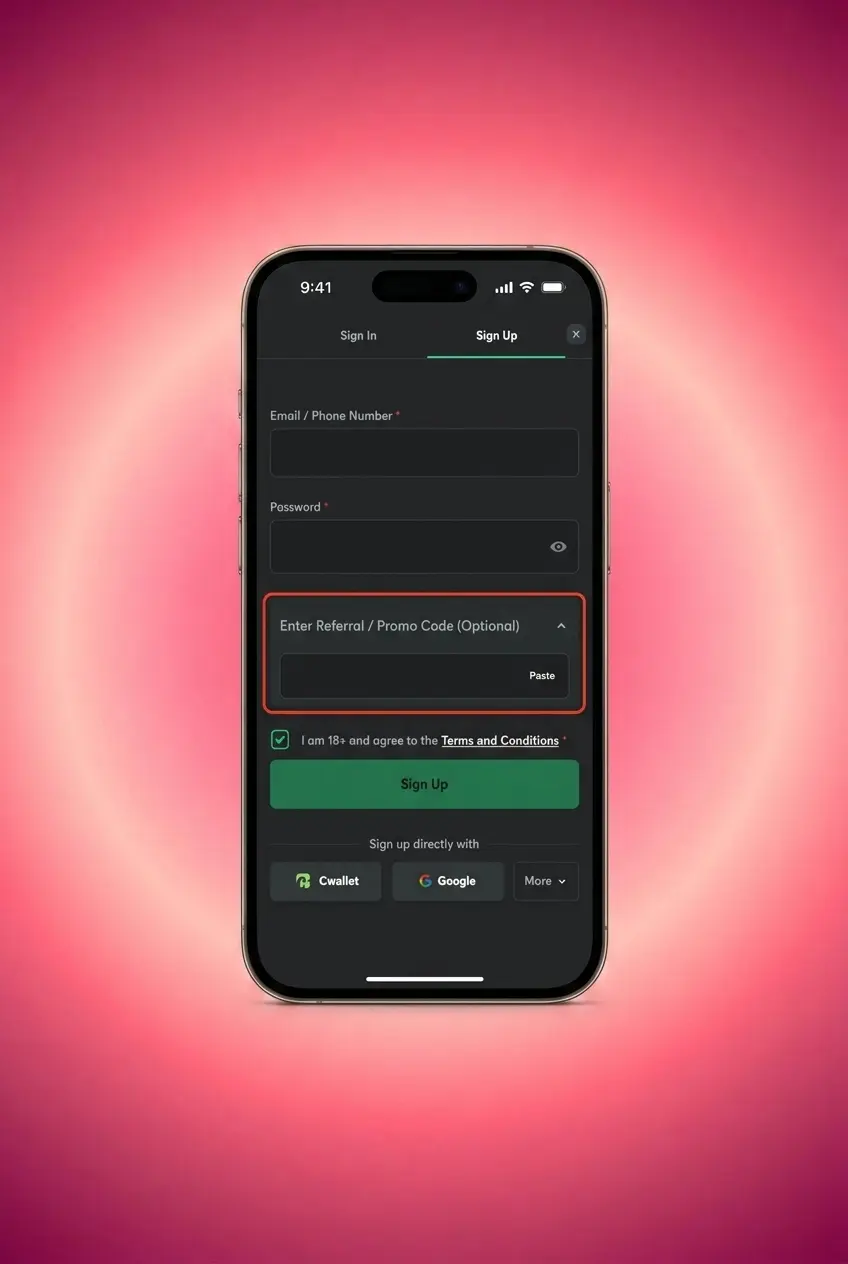 Step-by-step BC Game mobile app registration process for Pakistani players showing 5 steps to create an account