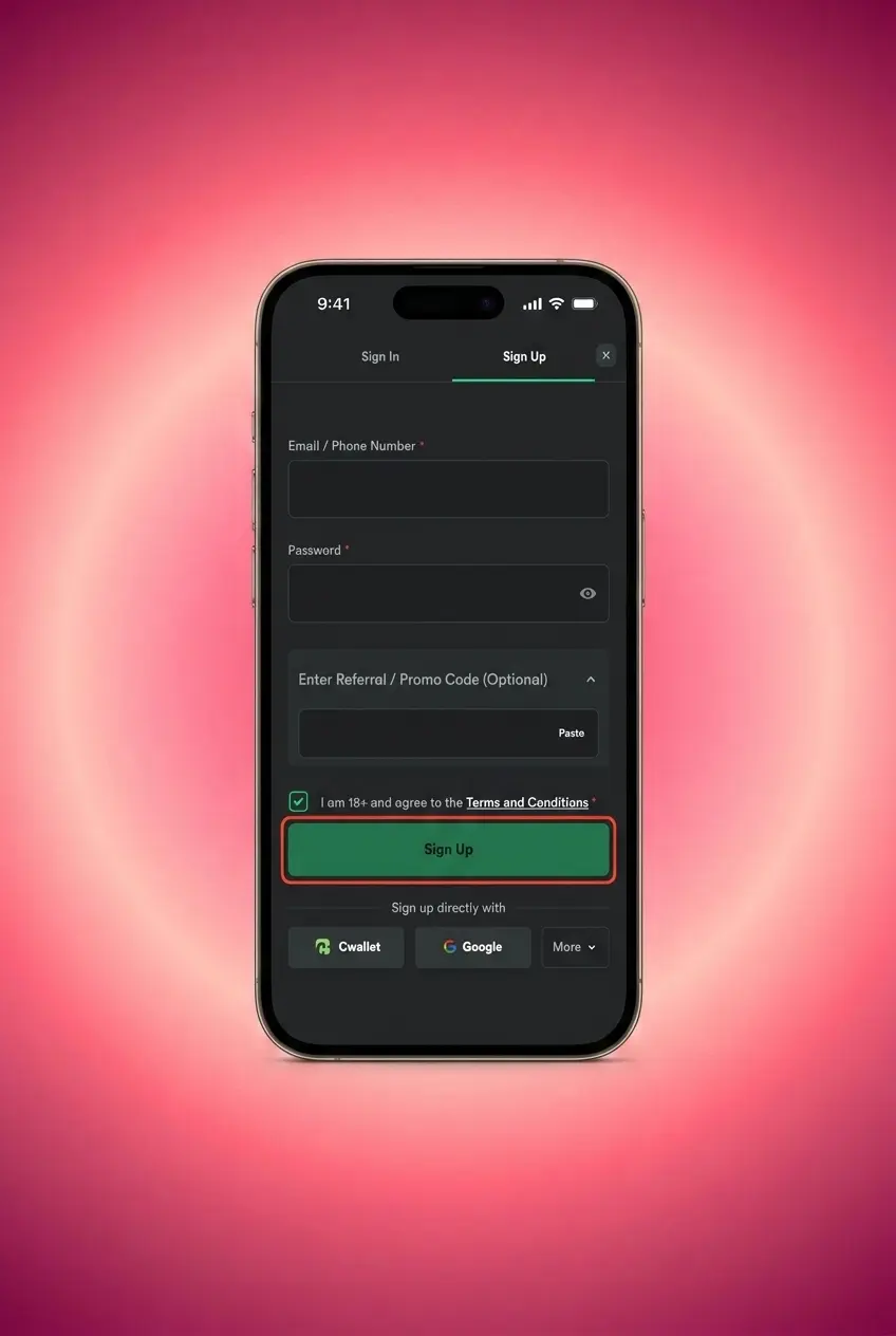 BC Game mobile app registration steps showing 5-step account creation process for players in Pakistan