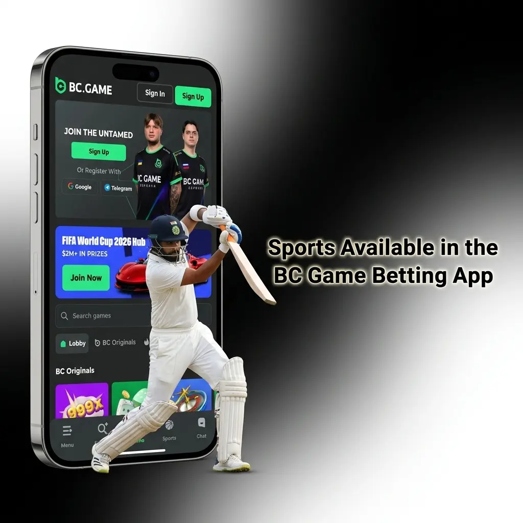 BC Game betting app sports menu showing cricket, football, basketball, tennis, esports and 30+ disciplines available